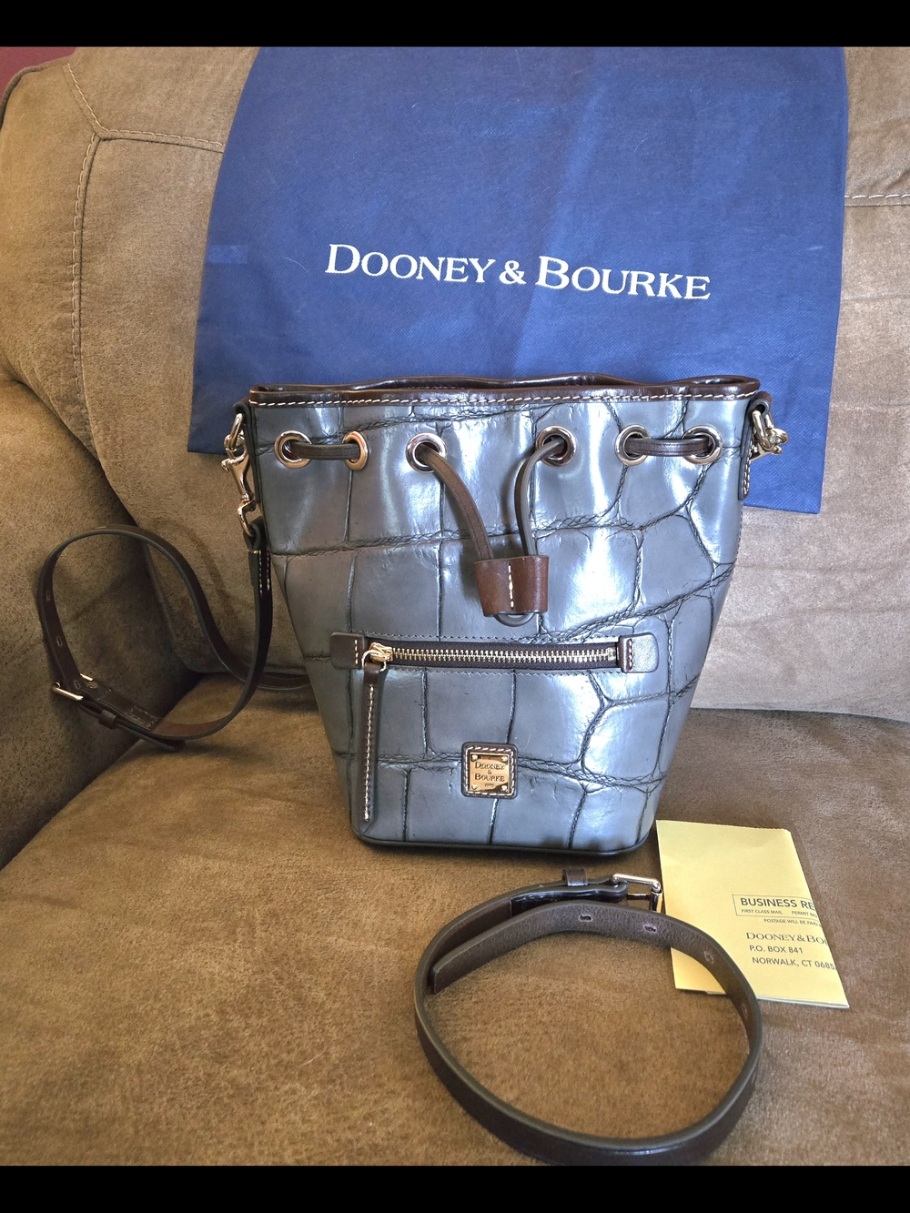 Dooney & Bourke Blue Croc-Embossed Leather Bucket Bag with Brown Trim